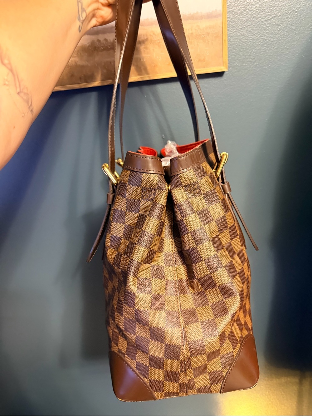 Vintage Louis Vuitton Brown Damier Ebene Hampstead MM Canvas Tote w/Gold Plaque - Picture 3 of 13